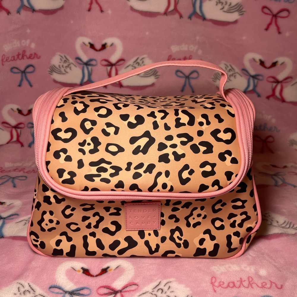 Leopard Print Cosmetic Bag with Pink Trim